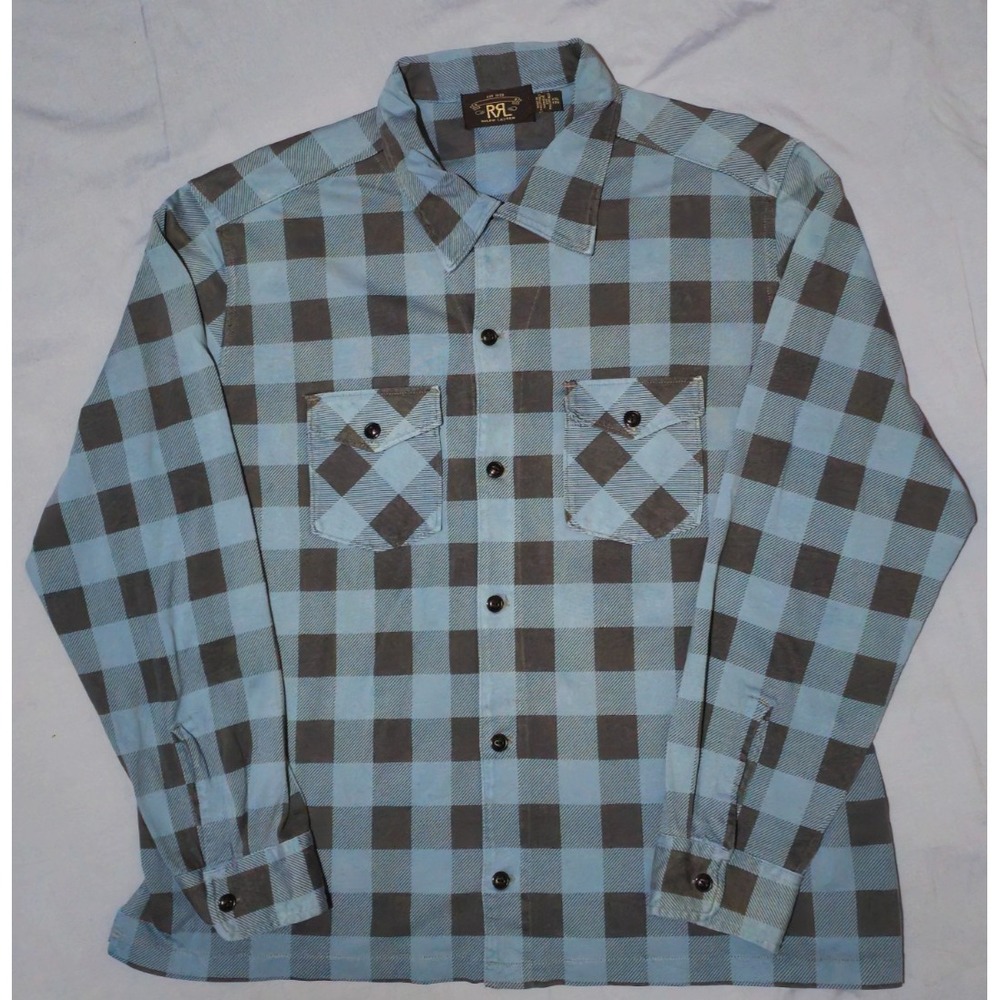 RRL Ralph Lauren Western Plaid Button Down Shirt XXL Blue Black Flannel‎